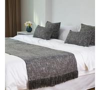 TTiiLoe Chemin de lit en lin avec pompons, couleur unie, écharpe, couvre-lit, couvre-lit, protection pour hôtel, chambre à coucher, gris foncé, 50 x 240 cm, pour lit de 1,8 m