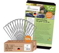 TTL GARDEN Kit anti-mauvaises herbes 50 g/m² - 30 m² - 2 x 15 m - Avec 50 | - Toile non tissée de jardin perméable à l'eau, indéchirable, résistante aux UV et respirante - Protection contre les