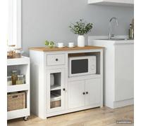 TUERYAFEK Buffet micro-ondes Panama blanc cire miel pin massif | bois de pin massif, cire de miel blanche, portes en verre, tiroirs, compartiments, support micro-ondes