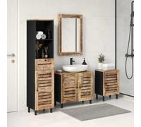 TUERYAFEK Lot de 4 armoires de salle de bain Naturel 38 x 33 x 160 cm | Bois de manguier - Meuble sous lavabo - Miroir mural - Boutons en laiton - Montage mural