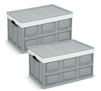 Tuevob Lot de 2 boîtes de rangement pliables avec couvercles - Bacs empilables en plastique pour vêtements, livres, collations, chaussures, épicerie, gris (30 l)