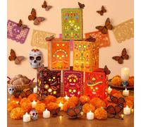 Tujoe Lot de 96 décorations Jour des morts Dia De Los Muertos Crâne Bougeoirs Boîtes avec Bougies chauffe-plat LED Artificiel Souci Monarque Papillon pour Autel Ofrenda Décoration extérieure