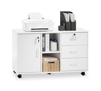 TUKAILAi Caisson de Bureau Rangement à 3 Tiroirs Verrouillables, Caisson Imprimante Mobile avec Roulettes, Armoires de Rangement avec Étagères Ouvertes pour Format A4 (Blanc)