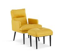 TUKAILAi Fauteuil Relaxant en Tissu de Lin avec Repose-Pieds, Fauteuil Salon Allongée Réglable 180°Confortable, Chaise Longue Rembourrée Scandinave pour Lecture Cadre en Metal (Jaune)