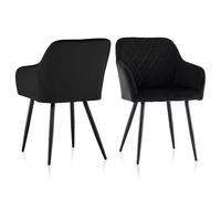 TUKAILAi Lot de 2 Chaises de Salle à Manger Velours, Chaise de Cuisine Rembourrée avec Dossier et Accoudoirs, Chaise de Pieds en Métal Ergonomique pour Salon Bureau Pas Cher (Noir)