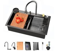 TULAZOU Évier de cuisine cascade, évier en acier inoxydable 304, évier de cuisine gris foncé, évier de cuisine multifonction avec robinet extractible et autres accessoires（68x45cm）