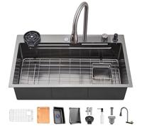 TULAZOU Évier de cuisine, gris foncé 304 évier en acier inoxydable, 86 x 50 cm, évier de cuisine cascade, évier multifonctionnel avec plusieurs accessoires (86 x 50 cm)