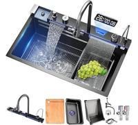 TULAZOU Évier de cuisine T304 en acier inoxydable - Multifonctionnel - Cascade - Avec robinet numérique multifonction et divers accessoires - 75 x 45 cm