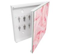 Tulup Armoire à Clés 30x30 cm | Blanc | Porte Droite | Fixation Murale | Plumes Roses | pour Rangement de Clefs | Chevilles Incluses | en Métal | Decorative | Panneau Avant en Verre