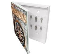 Tulup Armoire à Clés 30x30 cm | Blanc | Porte Gauche | Fixation Murale | Carte De Voyage | Decorative | Panneau Avant en Verre | pour Rangement de Clefs | Chevilles Incluses | en Métal