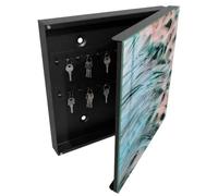 Tulup Armoire à Clés 30x30 cm | Noir | Porte Droite | Fixation Murale | Plumes Pastel | pour Rangement de Clefs | Panneau Avant en Verre | en Métal | Chevilles Incluses | Decorative