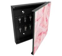 Tulup Armoire à Clés 30x30 cm | Noir | Porte Droite | Fixation Murale | Plumes Roses | pour Rangement de Clefs | Chevilles Incluses | en Métal | Decorative | Panneau Avant en Verre
