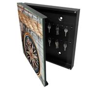 Tulup Armoire à Clés 30x30 cm | Noir | Porte Gauche | Fixation Murale | Carte De Voyage | Decorative | Panneau Avant en Verre | pour Rangement de Clefs | Chevilles Incluses | en Métal