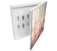 Tulup Boîte à Clés 30x30 cm | Blanc | Porte Droite | Fixation Murale | Plumes Pastel | Chevilles Incluses | en Métal | Panneau Avant en Verre | Decorative | pour Rangement de Clefs