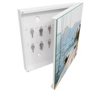 Tulup Boîte à Clés 30x30 cm | Blanc | Porte Droite | Fixation Murale | Sea Voyage | Chevilles Incluses | Decorative | en Métal | pour Rangement de Clefs | Panneau Avant en Verre