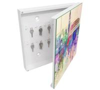 Tulup Organisateur Clef 30x30 cm | Blanc | Porte Droite | Fixation Murale | Aquarelle Urbaine | Panneau Avant en Verre | en Métal | Chevilles Incluses | pour Rangement de Clefs | Decorative