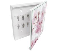 Tulup Porte-clés Mural 30x30 cm | Blanc | Porte Droite | Fixation Murale | Fleurs De Cerisier | pour Rangement de Clefs | Panneau Avant en Verre | Decorative | en Métal | Chevilles Incluses