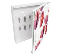 Tulup Porte-clés Mural 30x30 cm | Blanc | Porte Droite | Fixation Murale | Tulipes Aquarelle | Chevilles Incluses | pour Rangement de Clefs | Panneau Avant en Verre | en Métal | Decorative