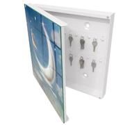 Tulup Porte-clés Mural 30x30 cm | Blanc | Porte Gauche | Fixation Murale | Voyage Céleste | Chevilles Incluses | en Métal | Panneau Avant en Verre | pour Rangement de Clefs | Decorative