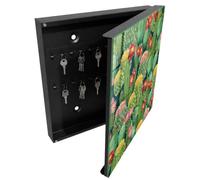 Tulup Porte-clés Mural 30x30 cm | Noir | Porte Droite | Fixation Murale | Jardin Coloré | pour Rangement de Clefs | Panneau Avant en Verre | Decorative | Chevilles Incluses | en Métal