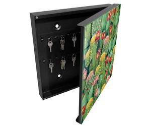 Tulup Porte-clés Mural 30x30 cm | Noir | Porte Droite | Fixation Murale | Jardin Coloré | pour Rangement de Clefs | Panneau Avant en Verre | Decorative | Chevilles Incluses | en Métal