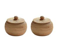 Tuminfar 2X Boîte Ronde en Rotin avec Couvercle, Boîte de Rangement Tissée à la Main, Panier de Rangement Multifonctionnel pour Plateau de Bureau, Décoration pour