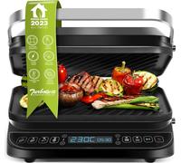 TurboTronic Gril de contact - CG900 - plaques amovibles, écran LCD,numérique, ouverture à 180°, gril de table, appareil à panini, barbecue électrique, argent Argent
