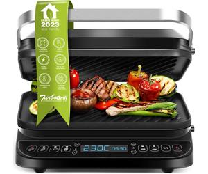 TurboTronic Gril de contact - CG900 - plaques amovibles, écran LCD,numérique, ouverture à 180°, gril de table, appareil à panini, barbecue électrique, argent Argent