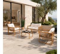 Turini salon de jardin 4 places effet rotin coussins blancs