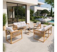 Turini salon de jardin 8 places effet rotin coussins gris clair