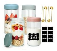 Turmegtt Lot de 4 Bocaux en Verre 750 ml, Pot en Verre avec Couvercle | Réutilisables Overnight Oats Jar pour Yaourts Puddings Fruits Confitures, avec Cuillères en Acier Inoxydable et étiquettes