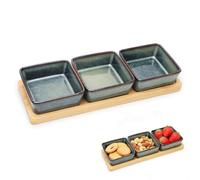 Tutamaz Lot de 3 bols à sauce avec planche en bois, bols à collation, en céramique, faciles à nettoyer, passent au lave-vaisselle, parfaits pour servir des collations (bleu denim)
