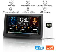 Tuya WIFI Station météo intelligente écran couleur APP contrôle météo réveil intérieur et extérieur température humidité mètre EU Plug-White Sensor