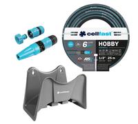 Tuyau d'arrosage Cellfast Hobby ATS2, 1/2", 25 mètres, avec support de tuyau Cellfast (gris) et kit comprenant la buse de pulvérisation Cellfast Basic 1/2"
