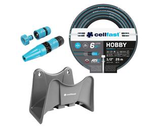 Tuyau d'arrosage Cellfast Hobby ATS2, 1/2", 25 mètres, avec support de tuyau Cellfast (gris) et kit comprenant la buse de pulvérisation Cellfast Basic 1/2"