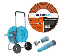 Tuyau d'arrosage Cellfast, modèle PROFESSIONNEL, 3/4", 20 mètres + Avanceur de tuyau Cellfast Aluplus, 1/2", 60 mètres + Kit comprenant un embout de pulvérisation droit, 3/4", modèle IDEAL