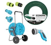 Tuyau d'arrosage économique, 1/2", 50 m + chariot de rangement. Raccordement avec filetage intérieur de 3/4". Raccordement avec filetage extérieur de 1/2". Raccord rapide de passage et d'arrêt