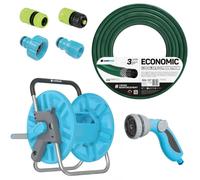 Tuyau d'arrosage économique, 1/2", 50 m + support. Raccordement avec filetage intérieur de 3/4". Raccordement avec filetage extérieur de 1/2". Raccord rapide de passage et d'arrêt, modèle 1