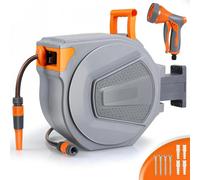 Tuyau d'arrosage rétractable - Boîtier à tuyau mural automatique - Tuyau en PVC de 30 mètres - Rotation à 180° - 9 buses de pulvérisation - Gris-orange