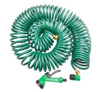TERRE JARDIN - Tuyau d'arrosage Spirale 25 M - Flexible léger et résistant - Raccord Ø 19 mm - Pistolet 5 Jets pour maîtrise du débit - Plastique et Laiton - Coloris Vert