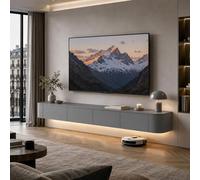 TV murale flottante moderne gris de 240 cm, centre de divertissement en bois massif avec lumières LED, port Sto fermé et câble pour salon et chambre à coucher