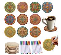 TWINKLEMON 10 Pièces Coasters en Bois à Peindre avec Marqueur 8 Couleurs, 10 cm à Thème Fleur Boho DIY, Ronds en Liège pour Art Créatif, Décoration de Table Café Maison Appartement