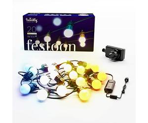 Twinkly Festoon 20 LED Blancs, Guirlande LED 20 Ampoules, Lumières Extérieures et Intérieures de Blanc Chaud à Froid, Compatible avec Alexa, Google Home, IP44, Contrôlée par App, Câble Noir, 10m
