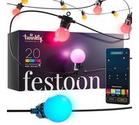 Twinkly Festoon 20 LED RGB, Guirlande LED 20 Ampoules, Lumières Extérieures et Intérieures Multicolores RGB, Compatible Alexa, Google Home, Lumières de Jeu, IP44, Contrôlée par App, Câble Noir, 10m