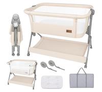 Twinly - Berceau Cododo Comfortly avec roulettes | Lit Parapluie Pliable, Hauteur Réglable (5 Niveaux), Respirant dès 0+ Mois Jusqu’à 9 kg, Matelas, Drap, Sac & Panier - sans Montage (Beige)
