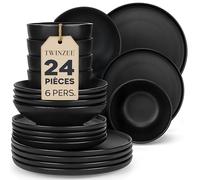 Twinzee - Set de Vaisselle Gres Noir, 24 Pièces - Assiettes Service de Table 6 Personnes - Adapté Micro-onde - Vaisselle et Arts de la Table - Collection Ebony