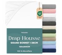 Twinzen Drap Housse 120 x 200 Bonnet 35 cm pour Matelas Épais - 100% Polyester Microfibre Brossée - Blanc, Certifié Oeko Tex, Drap Housse avec Élastique Complet
