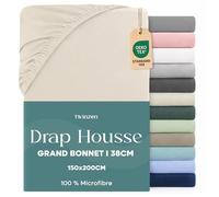 Twinzen - Drap Housse 150x200 cm - Grand Bonnet 35 cm - Beige | Microfibre Ultra Douce · Certifié OEKO-TEX · Linge de Lit 2 Personnes · Matelas Épais · Respirant · Entretien Facile