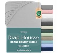 Twinzen Drap Housse 160 x 200 Bonnet 35 cm pour Matelas Épais - 100% Polyester Microfibre Brossée - Gris, Certifié Oeko Tex, Drap Housse avec Élastique Complet