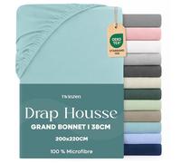 Twinzen Drap Housse 200x220 Bonnet 35 cm pour Matelas Épais - 100% Polyester Microfibre Brossée - Aqua, Certifié Oeko Tex, Drap Housse avec Élastique Complet